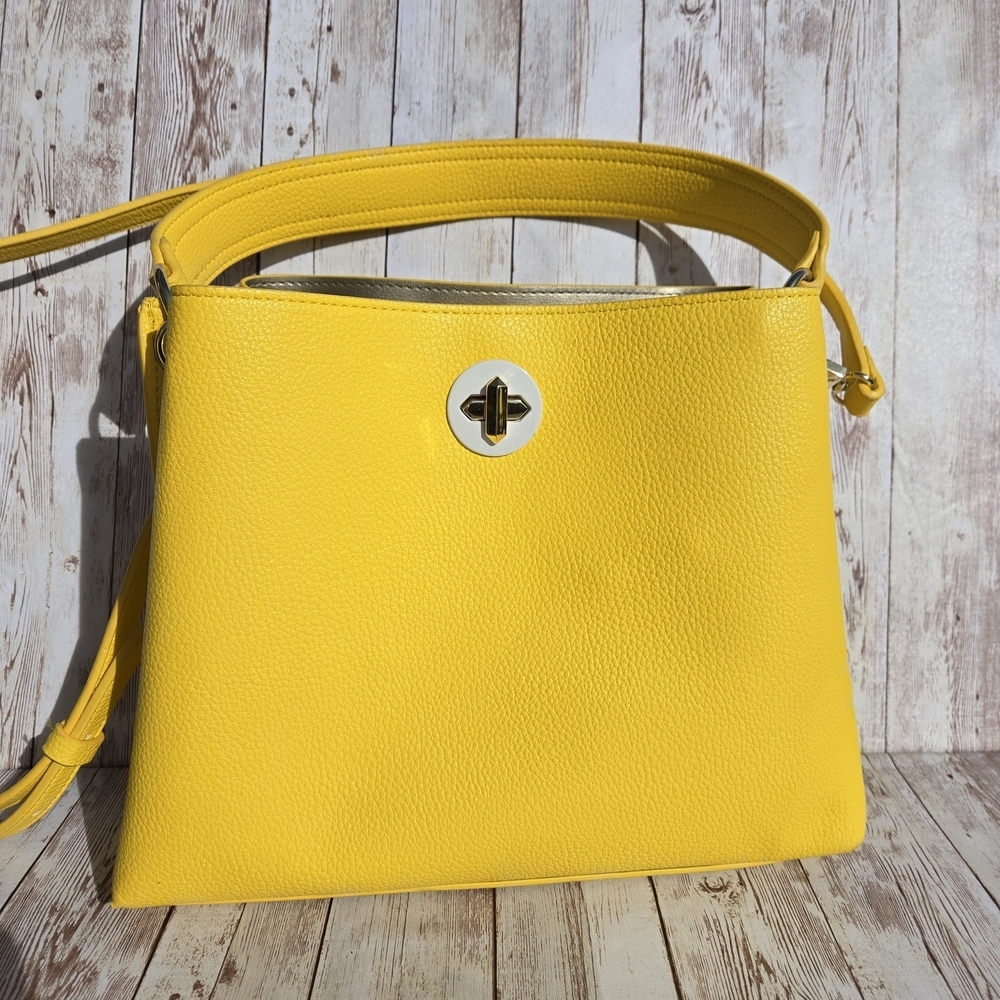 Bright Yellow Pebbled Crossbody Bag Gold Twist Lock Adjustable Strap Handbag